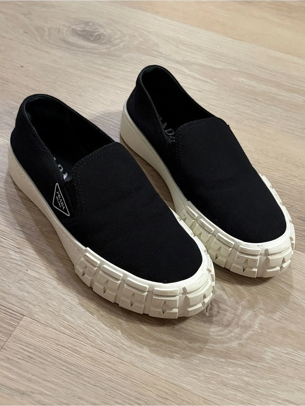 Prada Black Canvas Slip-On Sneakers with Cream Platform - Picture 8 of 10